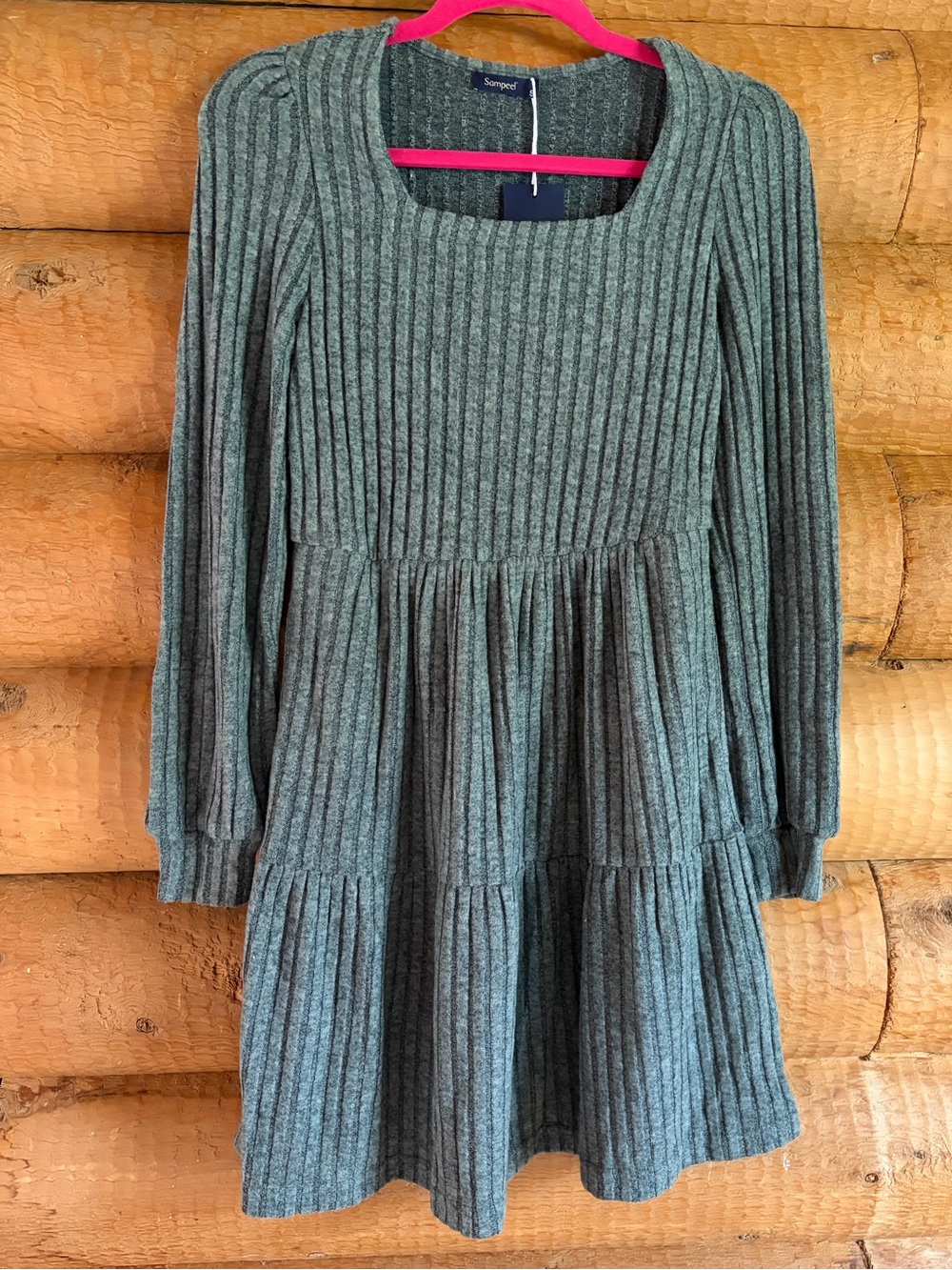 Sonnpet Women’s Ribbed Long-Sleeve Tiered Dress — Gray